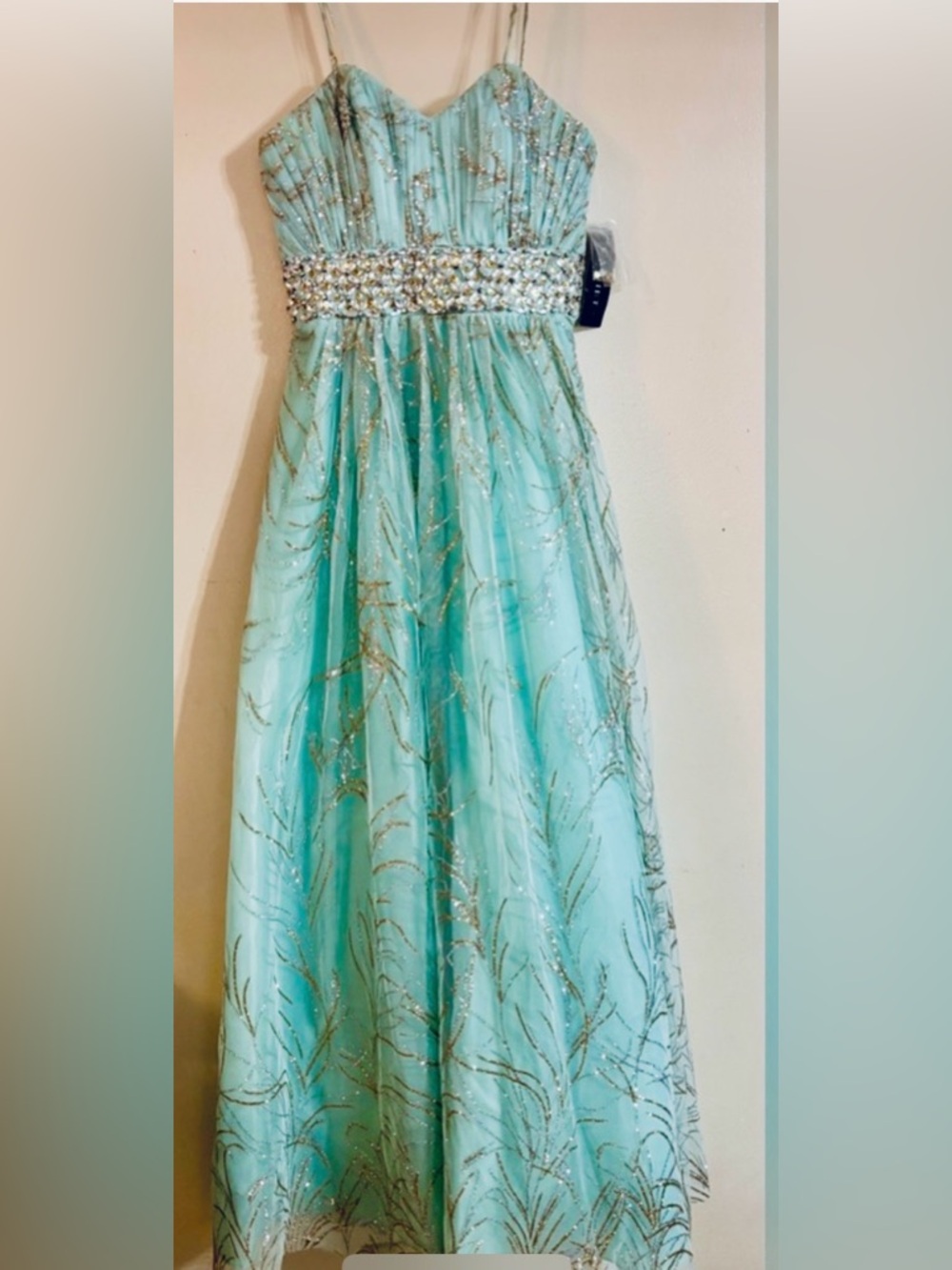 Cachet Light Greenish Blue and Silver Prom Dress NEW